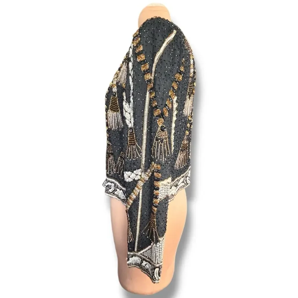 Vintage Silk Beaded Jacket‎ Black Gold 80s Luxury XL Maximalist Power Dressing